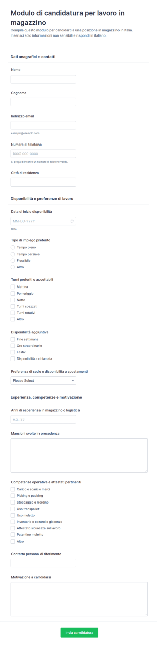 Candidatura Per Lavoro Di Magazzino Form