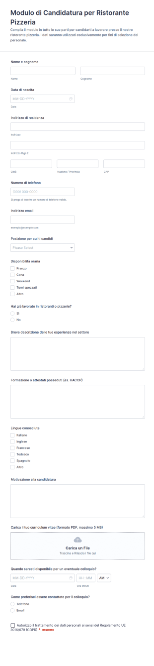 Candidatura Per Lavoro In Pizzeria