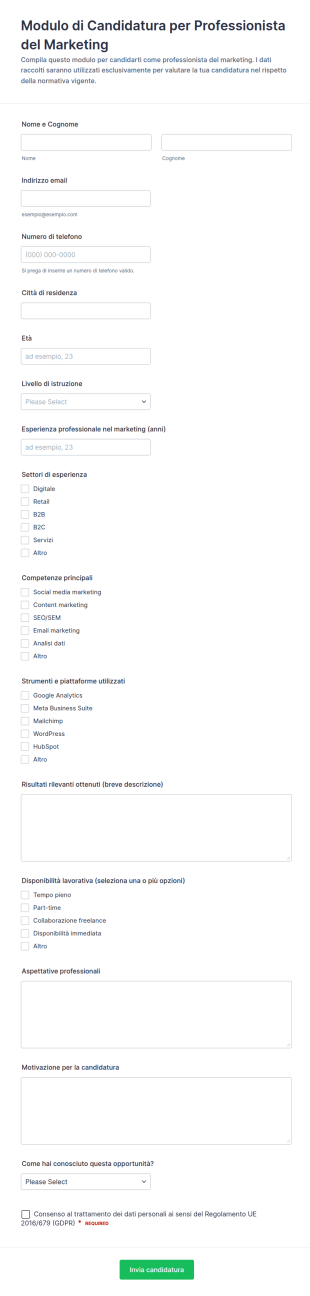 Candidatura Per Professionista Del Marketing Form