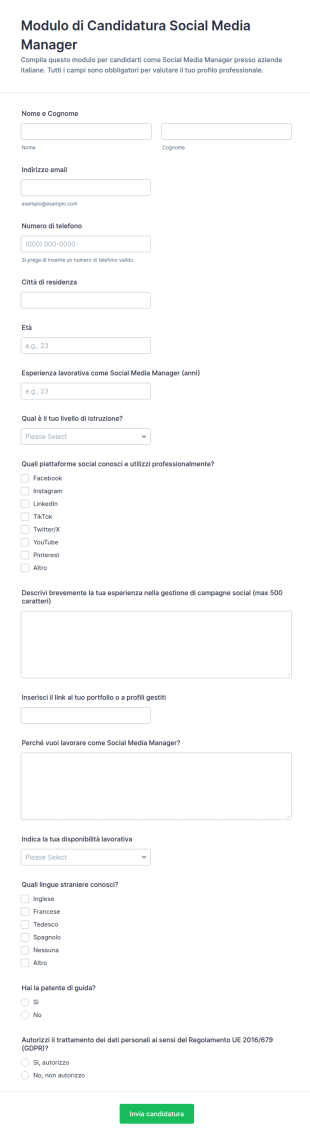 Candidatura Per Responsabile Dei Social Media Form