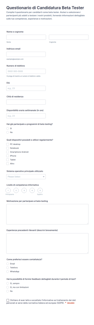 Candidatura Per Tester Beta Form