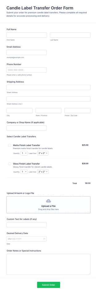 Candle Label Transfer Order Form Template