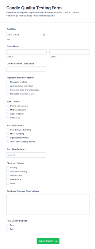 Candle Quality Testing Checklist Form Template