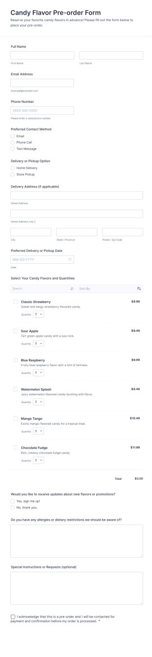 Candy Flavor Pre Order Form Template