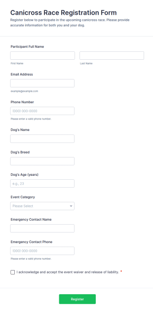 Canicross Race Registration Form Template