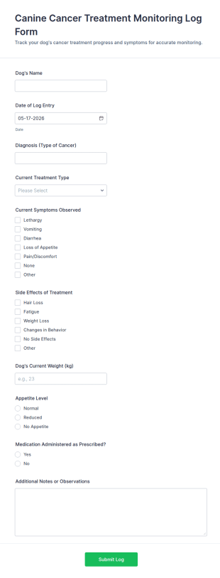 Canine Cancer Treatment Monitoring Log Form Template