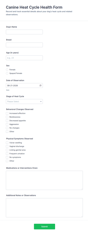 Canine Heat Cycle Health Form Template