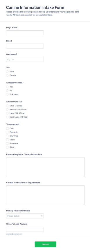 Canine Information Intake Form Template