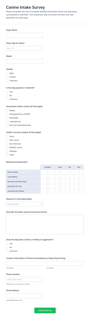Canine Intake Survey Form Template