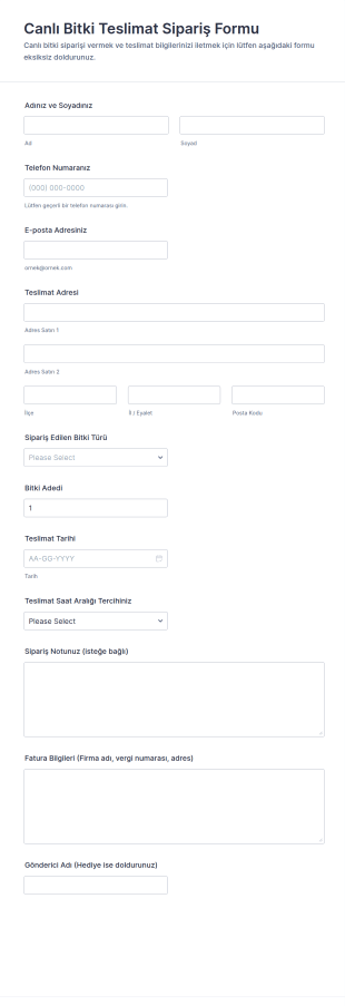Canlı Bitki Teslimat Sipariş Form Şablonu
