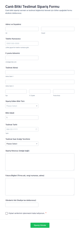 Canlı Bitki Teslimat Sipariş Form Şablonu