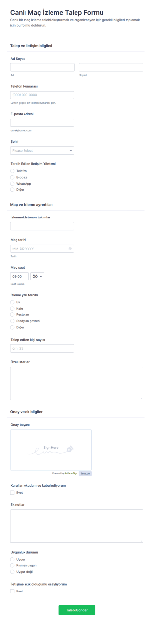 Canlı Maç İzleme Talep Form Şablonu