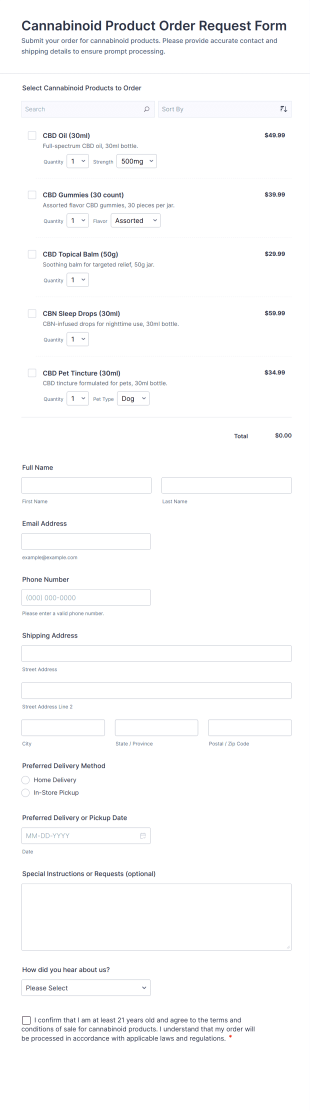 Cannabinoid Product Order Request Form Template