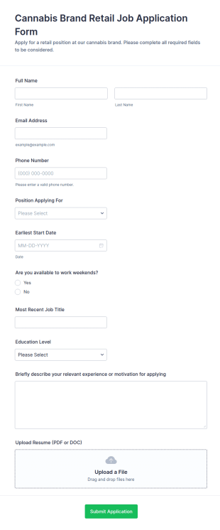 Cannabis Brand Retail Job Application Form Template