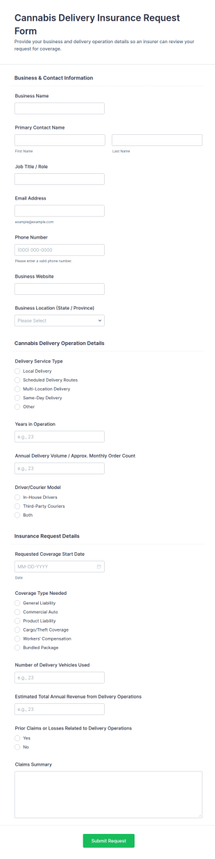 Cannabis Delivery Insurance Request Form Template