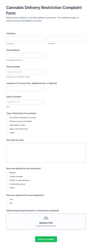 Cannabis Delivery Restriction Complaint Form Template