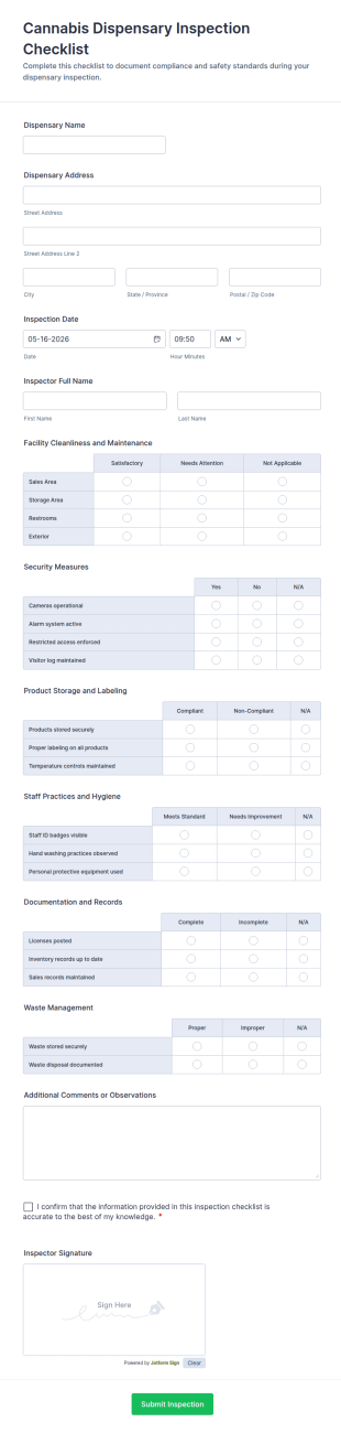 Cannabis Dispensary Inspection Checklist Form Template