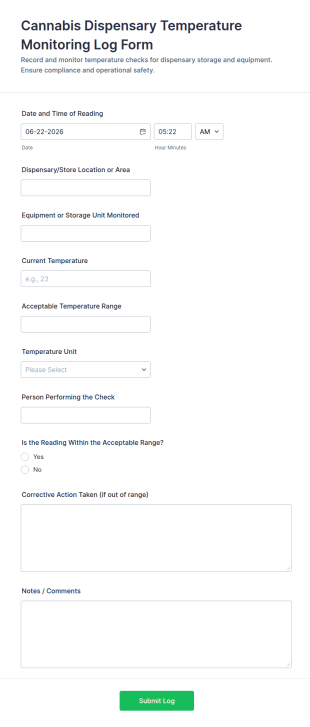 Cannabis Dispensary Temperature Monitoring Log Form Template