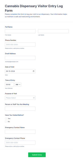 Cannabis Dispensary Visitor Entry Log Form Template