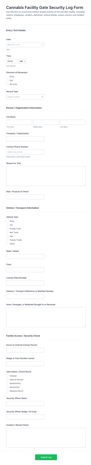 Cannabis Facility Gate Security Log Form Template