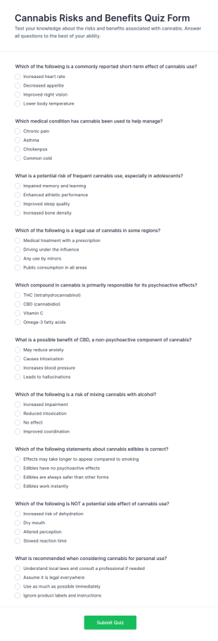 Cannabis Risks And Benefits Quiz Form Template