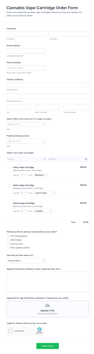 Cannabis Vape Cartridge Order Form Template