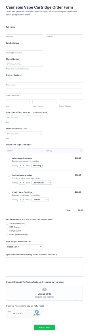 Cannabis Vape Cartridge Order Form Template