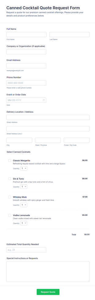 Canned Cocktail Quote Request Form Template