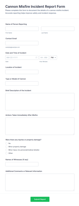 Cannon Misfire Incident Report Form Template
