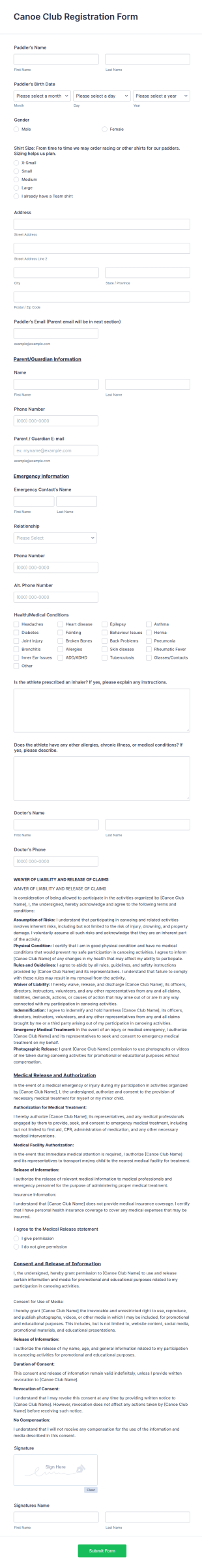 Canoe Club Registration Form Template