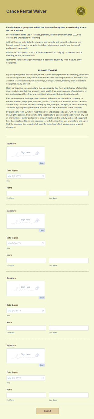 Canoe Rental Waiver Form Template