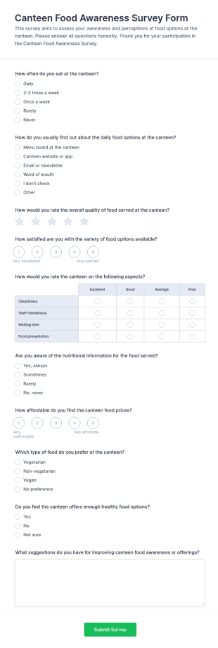 Canteen Food Awareness Survey Form Template