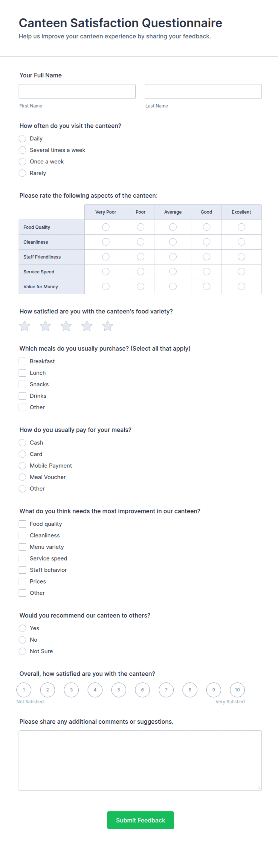 Canteen Satisfaction Questionnaire Form Template | Jotform