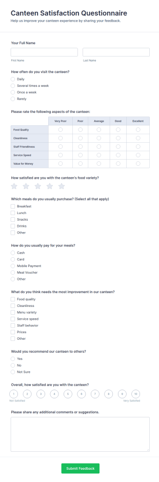 Canteen Satisfaction Questionnaire Form Template