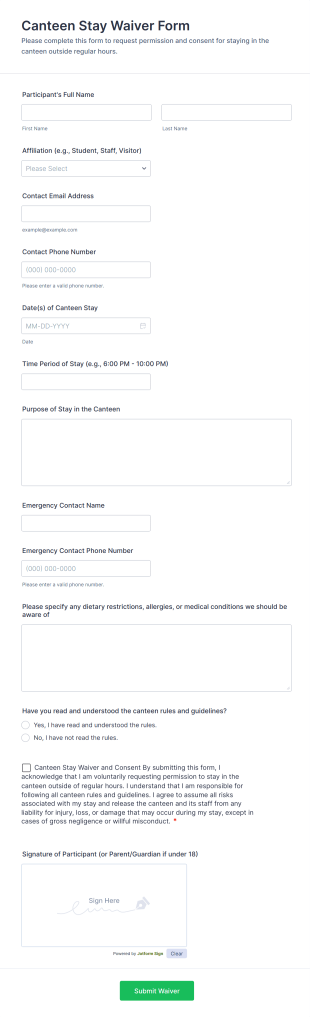 Canteen Stay Waiver Form Form Template