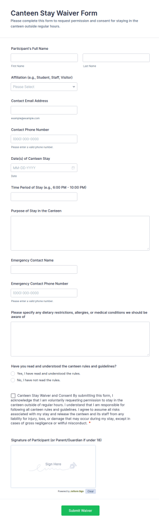 Canteen Stay Waiver Form Template