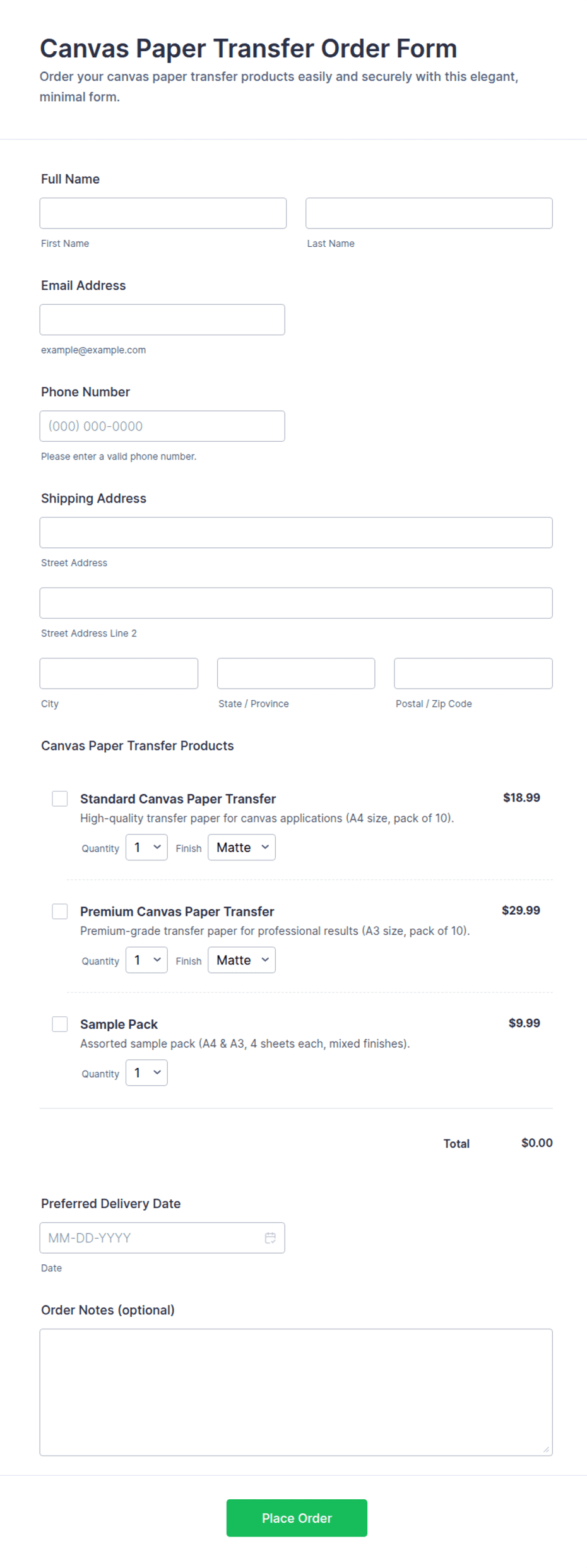 Canvas Paper Transfer Order Form Template | Jotform