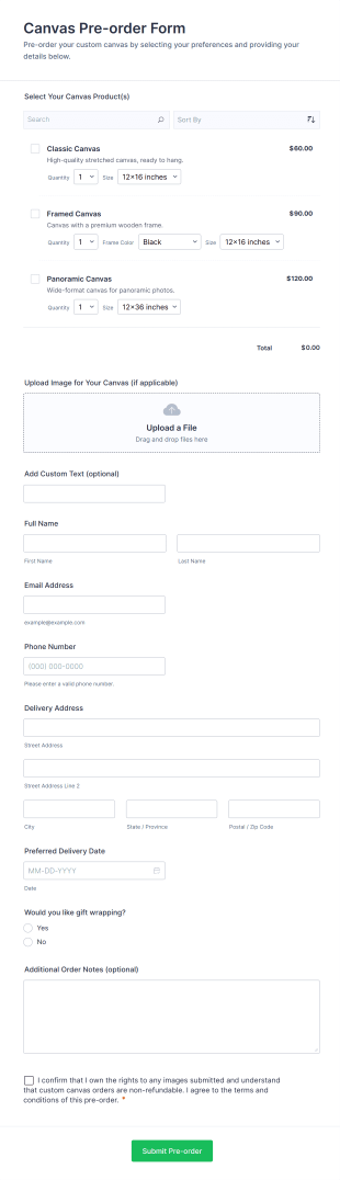 Canvas Pre Order Form Template
