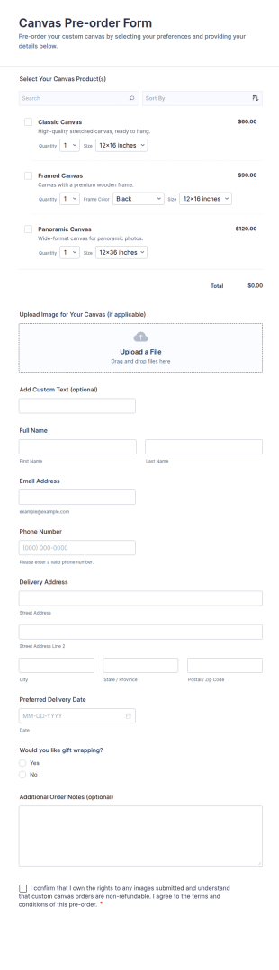Canvas Pre Order Form Template