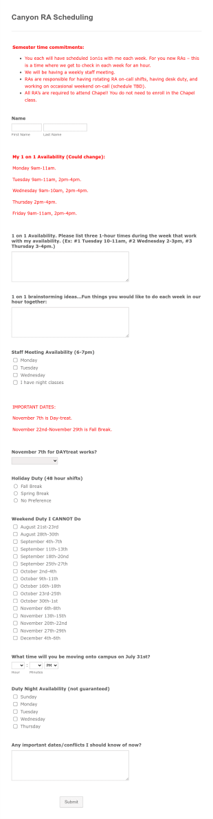 Canyon RA Scheduling Form Template