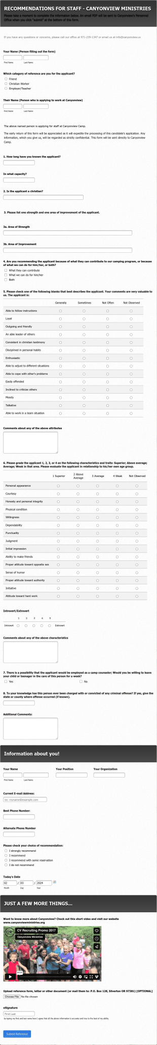 Canyonview Ministries Reference Form Template