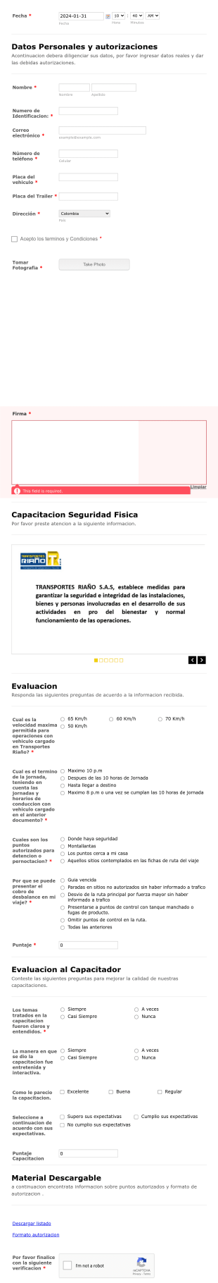 Capacitación Para Evaluar Seguridad De Transporte De Carga Form Template