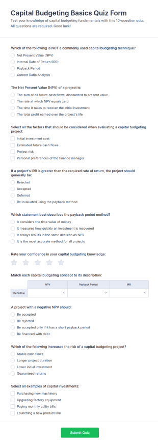 Capital Budgeting Basics Quiz Form Template