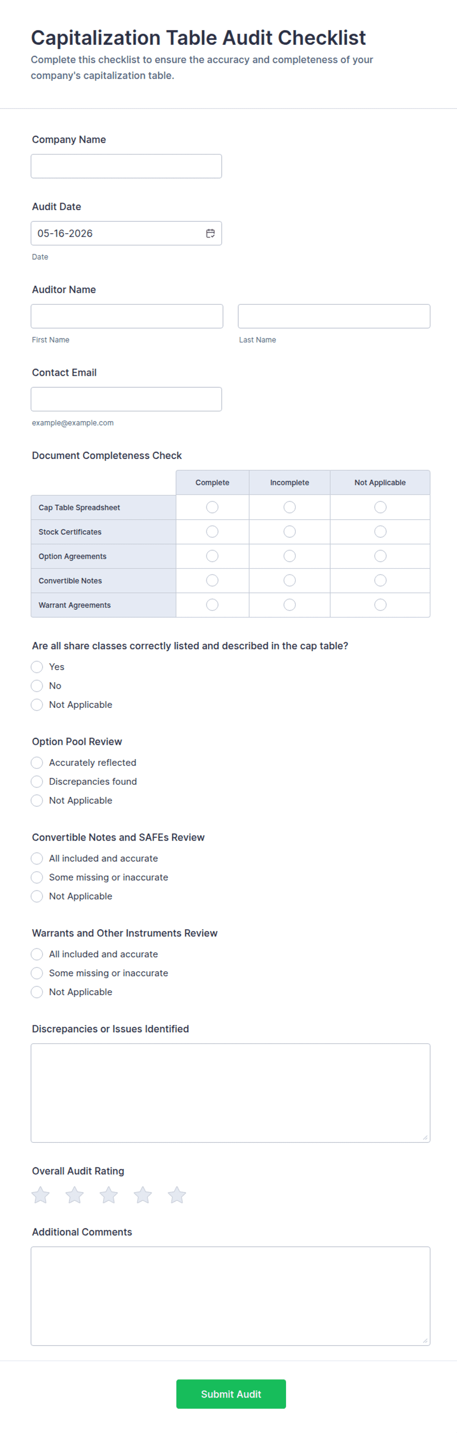 Capitalization Table Audit Checklist Form Template | Jotform