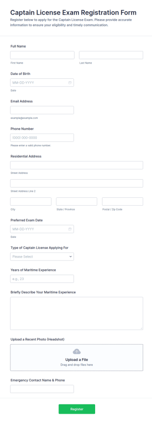 Captain License Exam Registration Form Template