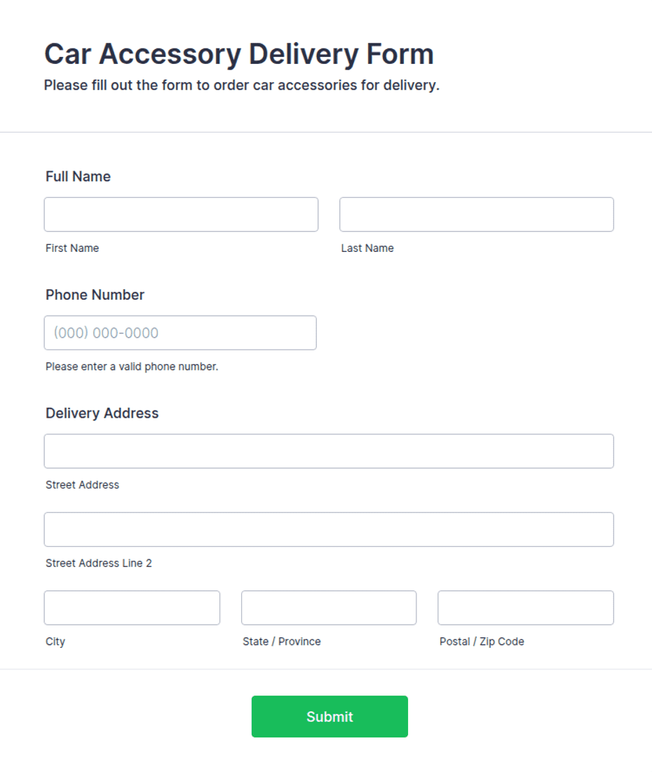 Car Accessory Delivery Form Template | Jotform