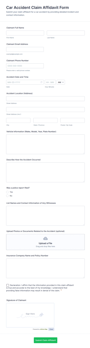 Car Accident Claim Affidavit Form Template