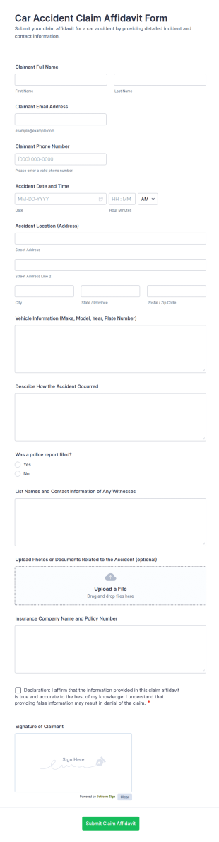 Car Accident Claim Affidavit Form Template