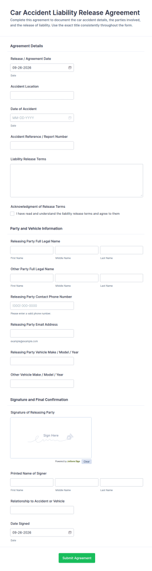 Car Accident Liability Release Agreement Form Template