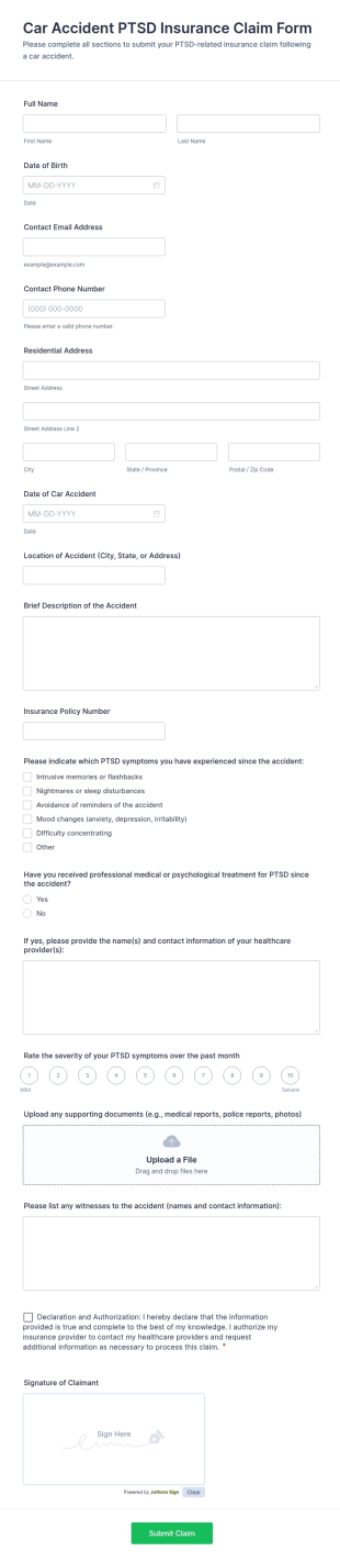 Car Accident PTSD Insurance Claim Form Template